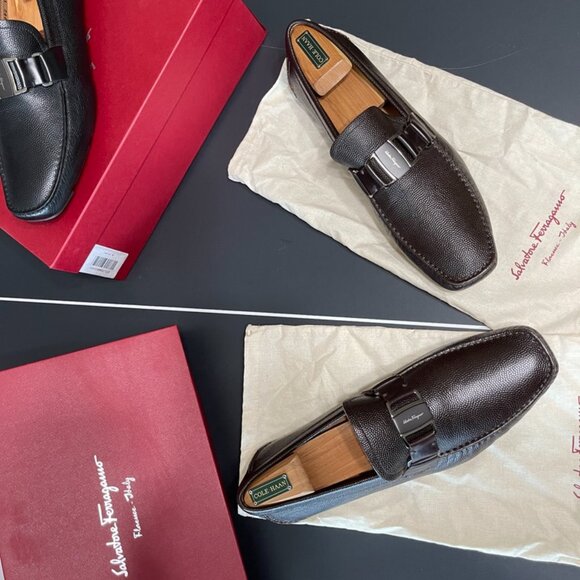 New Salvatore Ferragamo Sardegna Leather Moc Toe Drivers - Pebble Calf main image 7